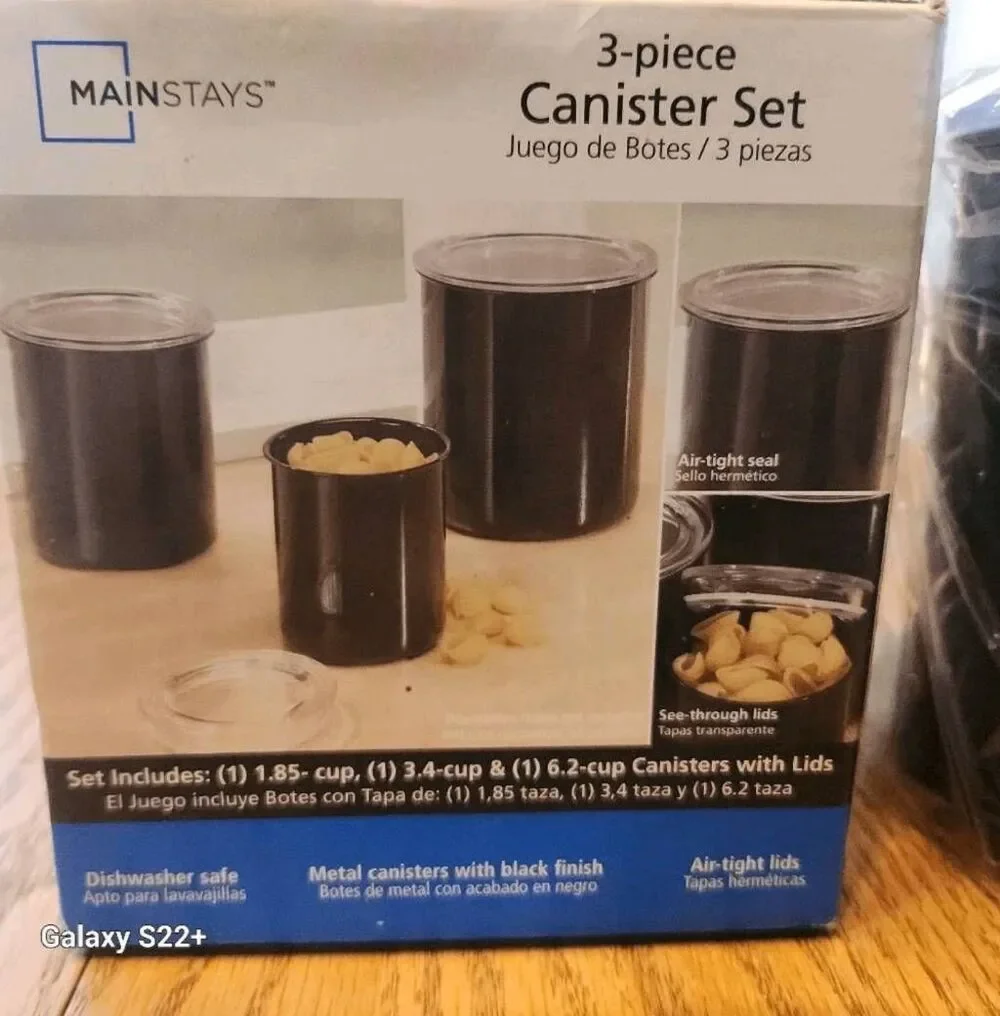 Mainstays 3 piece black canister set with clear lids, new